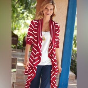 Soft Surroundings Red White Striped Women's Sweater Sz Lg Drape Front Cardigan